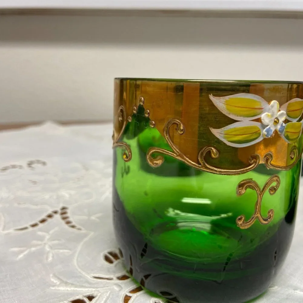 5 VTG Moser Czech Glass Whiskey Green Gold Gilt Enamel Bohemian